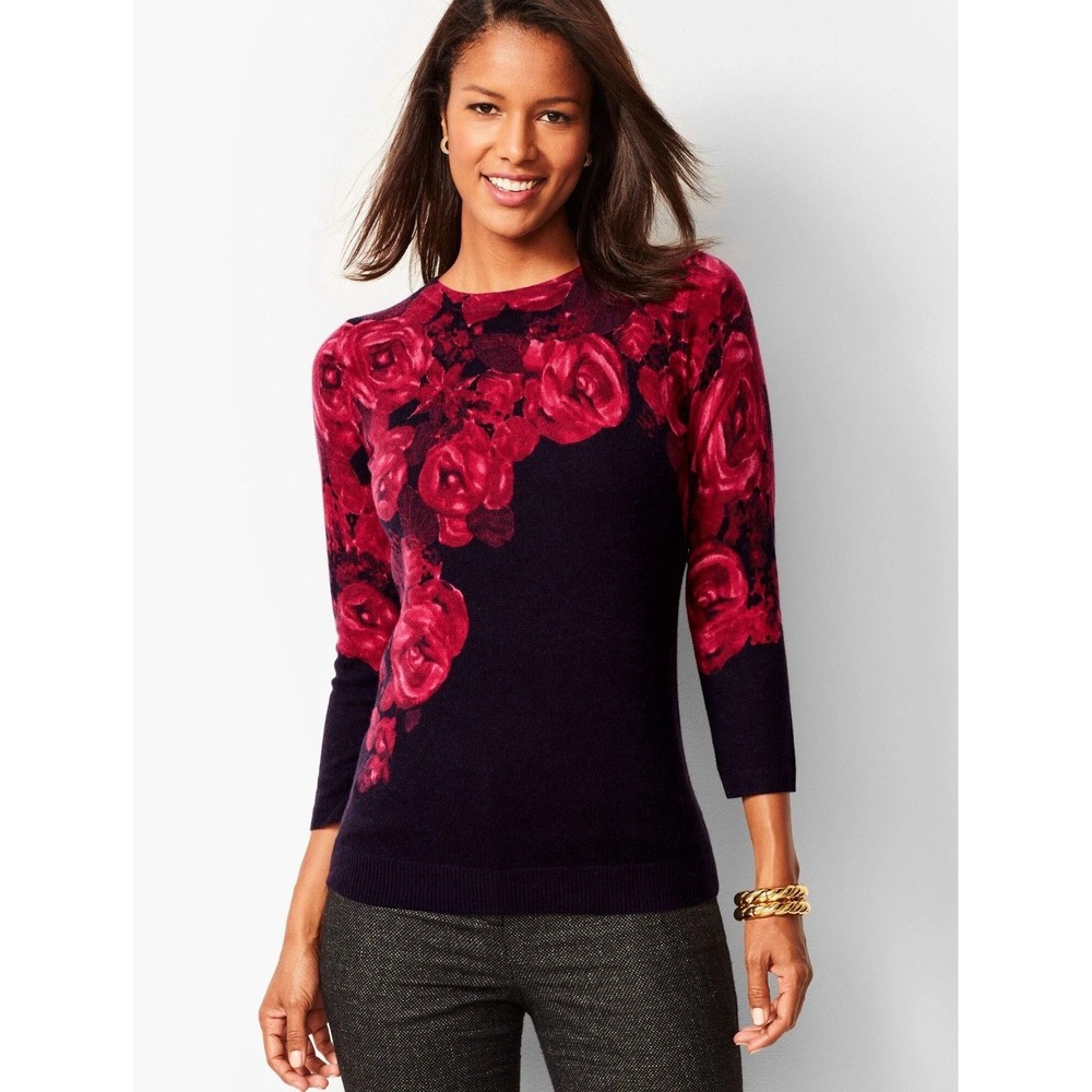 Talbots Petites Pure Cashmere Rose Floral Sweater Black Red PM 3/4 Sleeve NWT